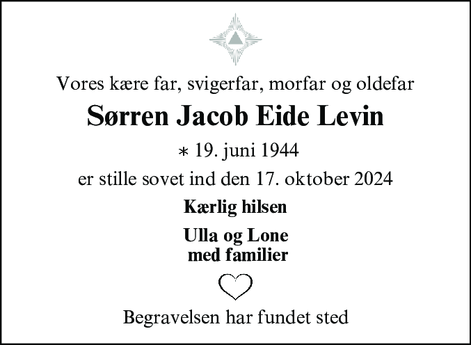 Dødsannonce for Sørren Jacob Eide Levin