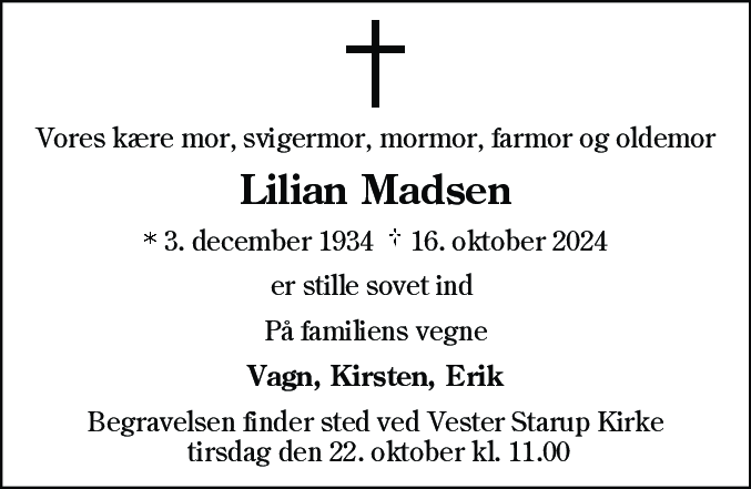 Dødsannonce for Lilian Madsen