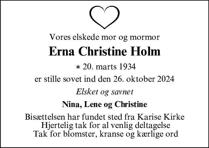 Dødsannonce for Erna Christine Holm