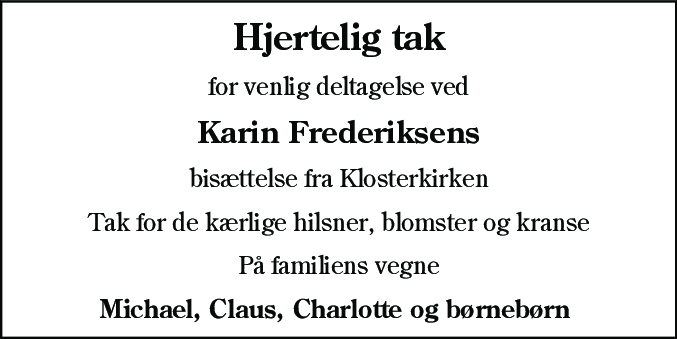 Dødsannonce for Karin Frederiksen