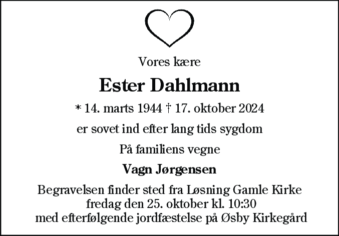 Dødsannonce for Ester Dahlmann