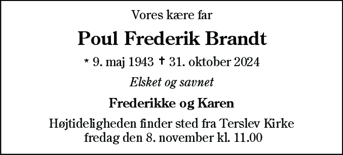 Dødsannonce for Poul Frederik Brandt