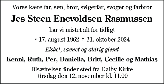 Dødsannonce for Jes Steen Enevoldsen Rasmussen