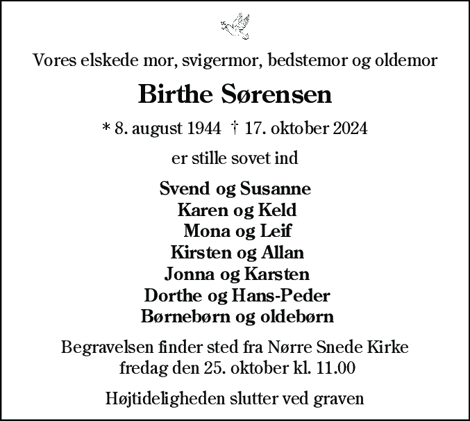 Dødsannonce for Birthe Sørensen