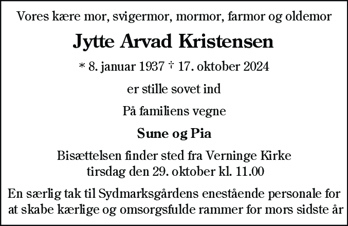 Dødsannonce for Jytte Arvad Kristensen