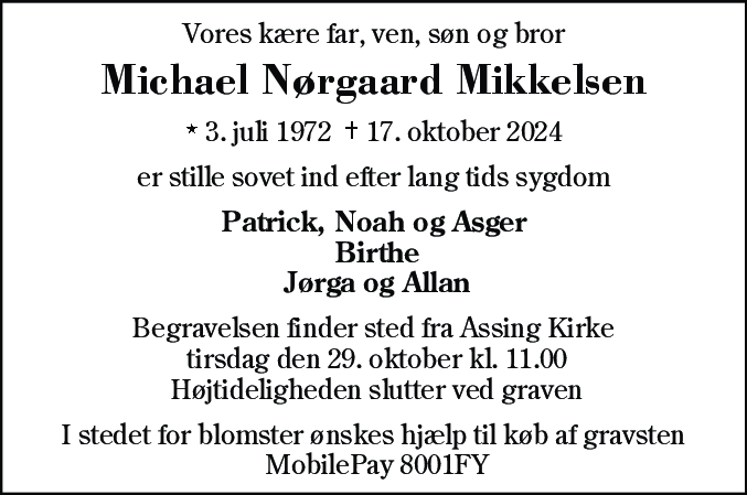 Dødsannonce for Michael Nørgaard Mikkelsen