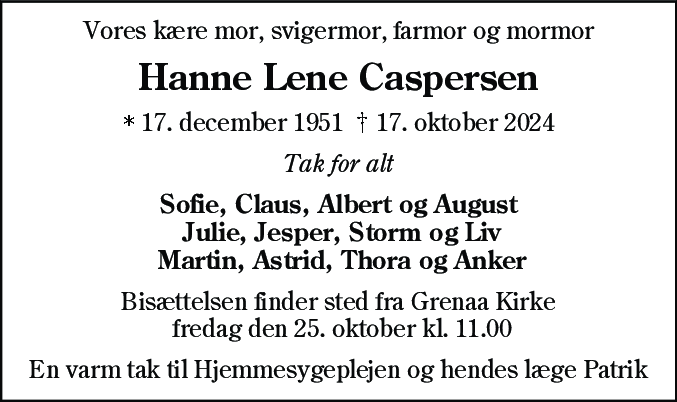 Dødsannonce for Hanne Lene Caspersen