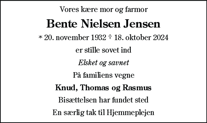Dødsannonce for Bente Nielsen Jensen