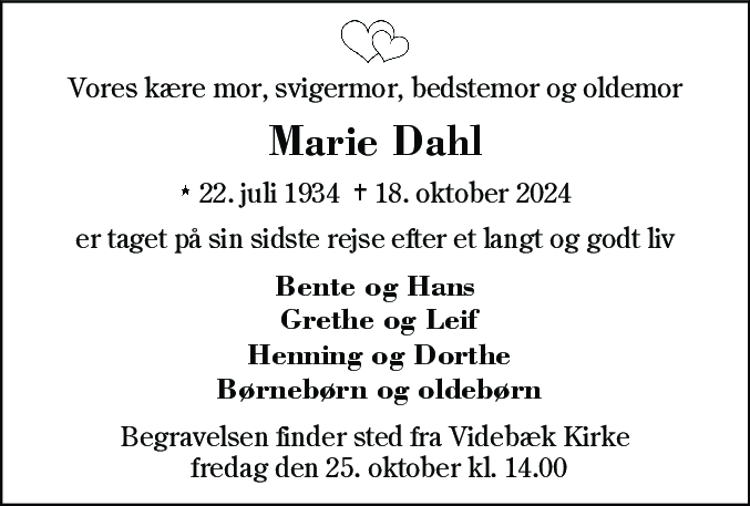 Dødsannonce for Marie Dahl