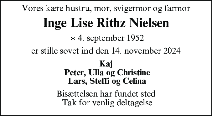 Dødsannonce for Inge Lise Nielsen