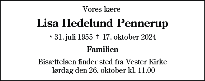 Dødsannonce for Lisa Hedelund Pennerup