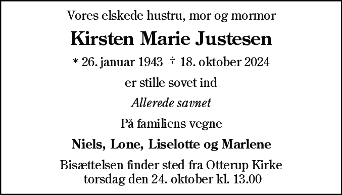 Dødsannonce for Kirsten Marie Justesen