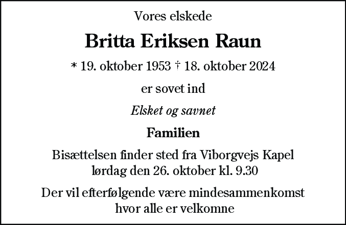 Dødsannonce for Britta Eriksen Raun