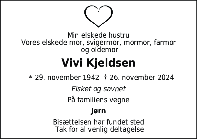Dødsannonce for Vivi Kjeldsen