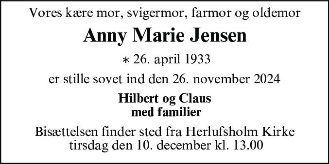 Dødsannonce for Anny Marie Jensen