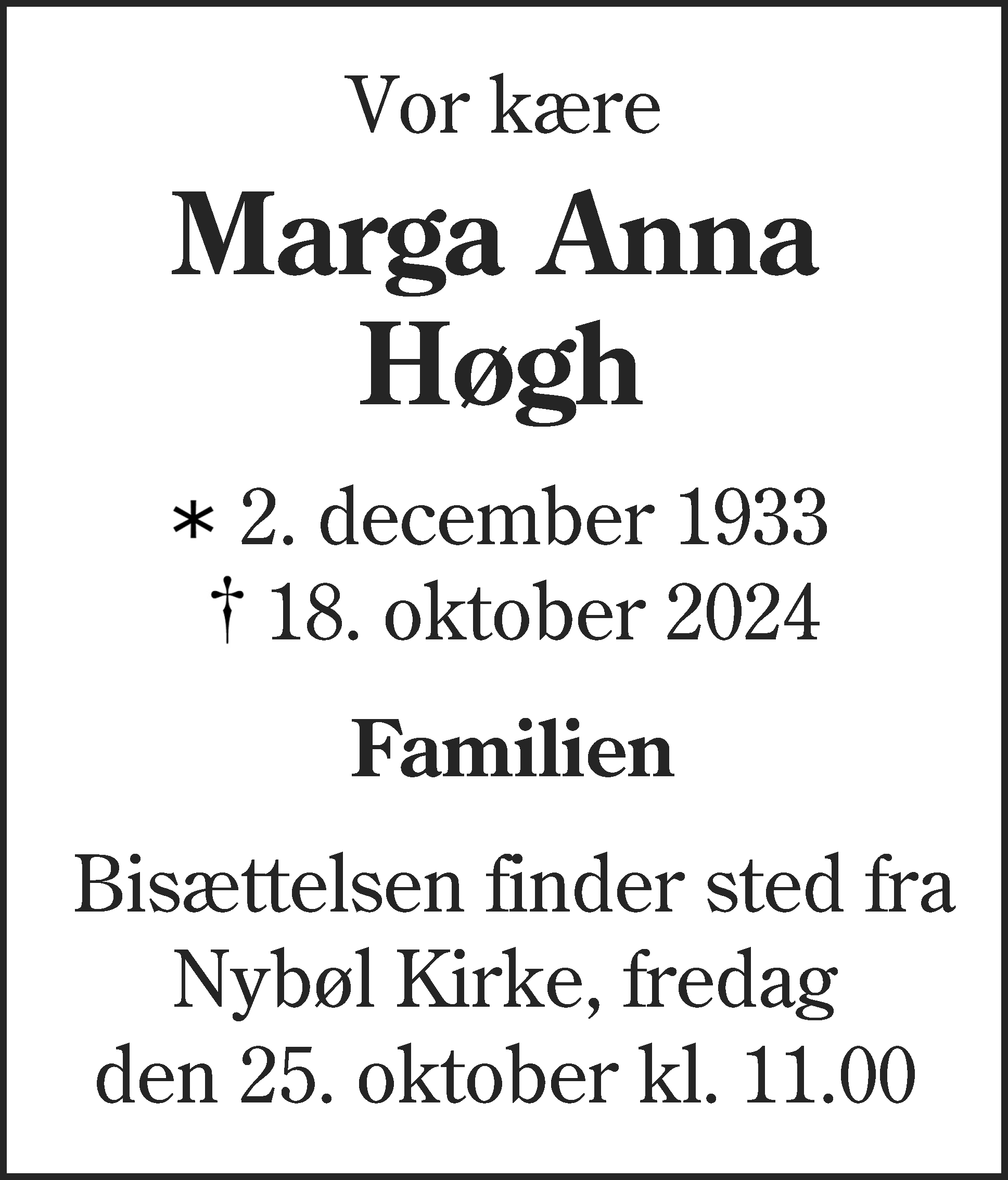 Dødsannonce for Marga Anna Høgh