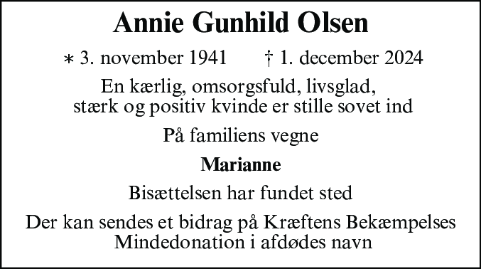 Dødsannonce for Annie Gunhild Olsen