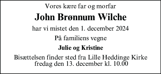 Dødsannonce for John Brønnum Wilche