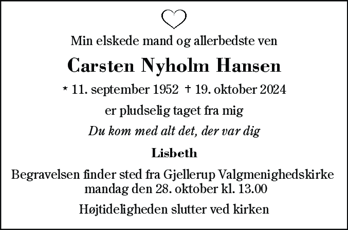 Dødsannonce for Carsten Nyholm Hansen