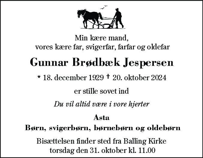 Dødsannonce for Gunnar Brødbæk Jespersen