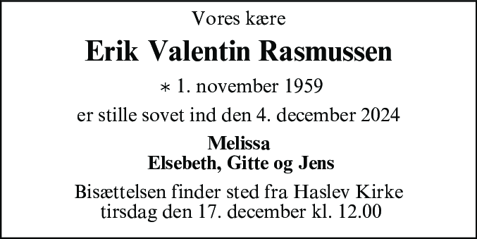 Dødsannonce for Erik Valentin Rasmussen