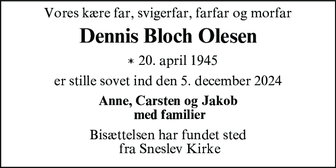 Dødsannonce for Arvid Dennis Bloch Olesen