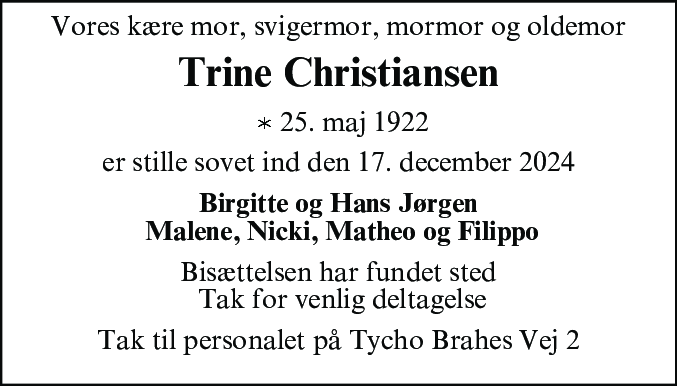 Dødsannonce for Trine Kirstine Rita Christiansen