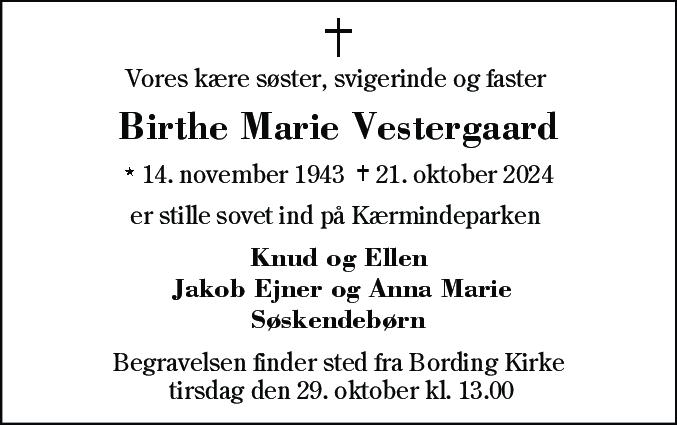 Dødsannonce for Birthe Marie Vestergaard