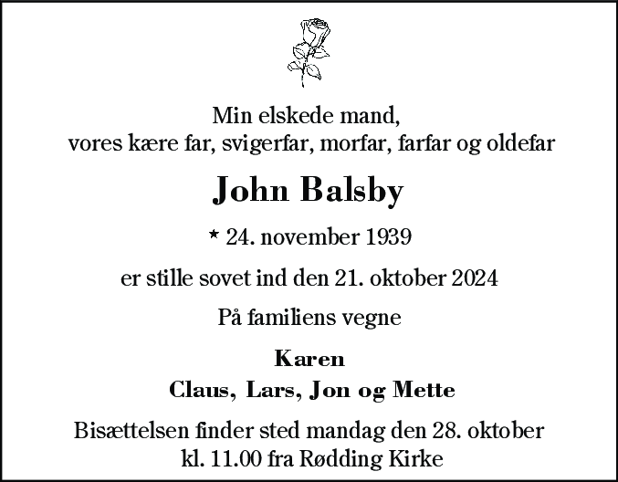 Dødsannonce for John Preben Balsby