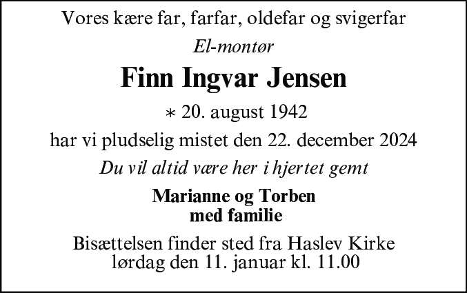 Dødsannonce for Finn Ingvar Jensen