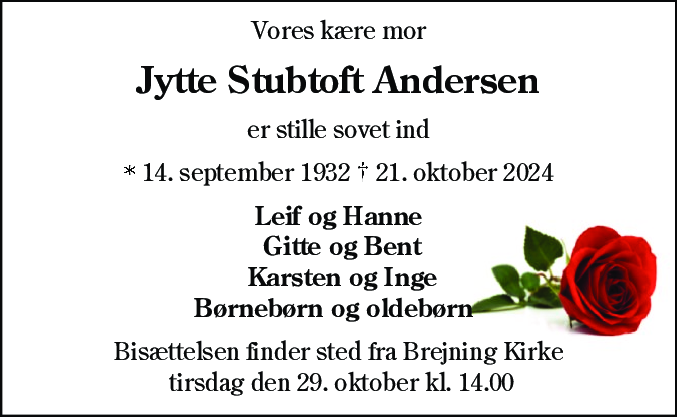 Dødsannonce for Jytte Stubtoft Andersen