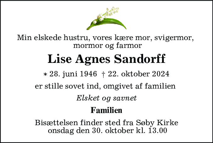 Dødsannonce for Lise Agnes Sandorff