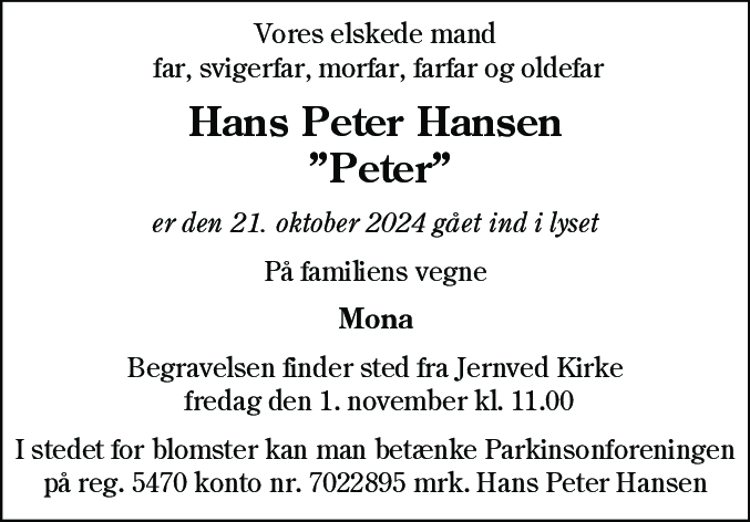 Dødsannonce for Hans Peter Hansen