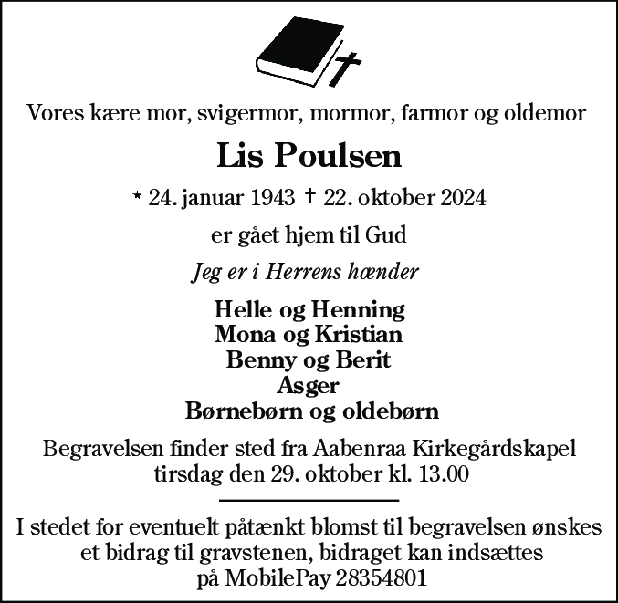 Dødsannonce for Anna-Lise Poulsen