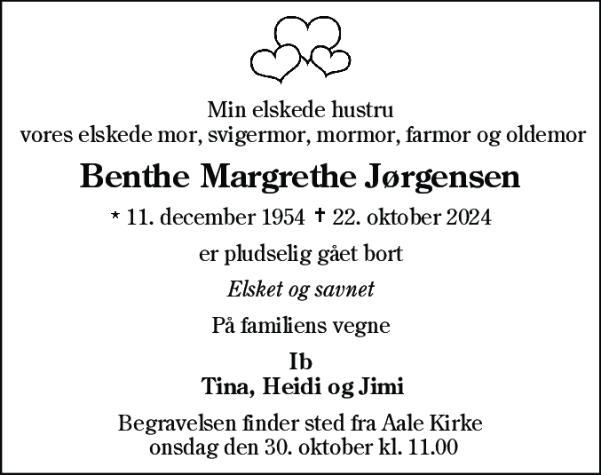 Dødsannonce for Benthe Margrethe Jørgensen