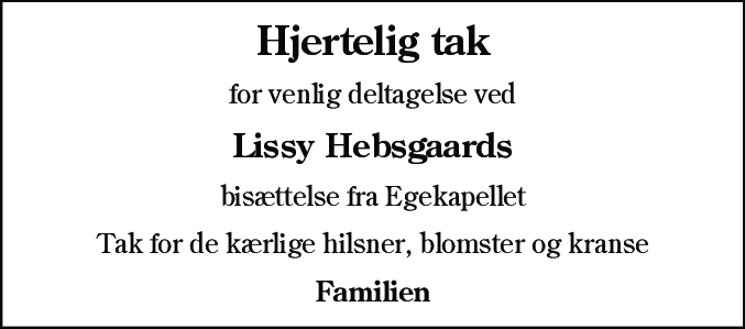 Dødsannonce for Inger Lissy Hebsgaard