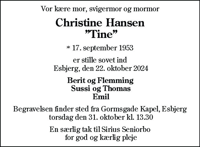 Dødsannonce for Christine Hansen