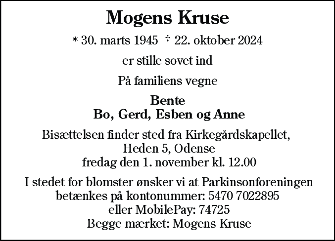 Dødsannonce for Mogens Kruse