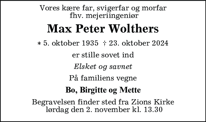 Dødsannonce for Max Peter Wolthers