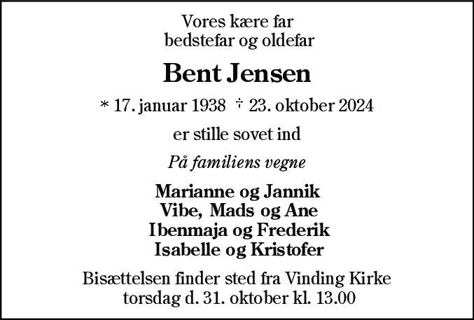 Dødsannonce for Bent Jensen