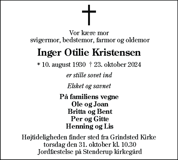 Dødsannonce for Inger Otilie Kristensen