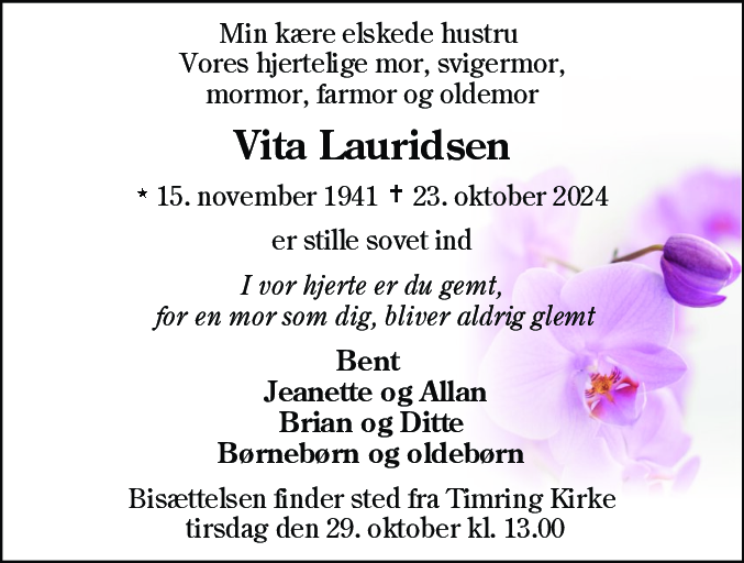 Dødsannonce for Vita Lauridsen