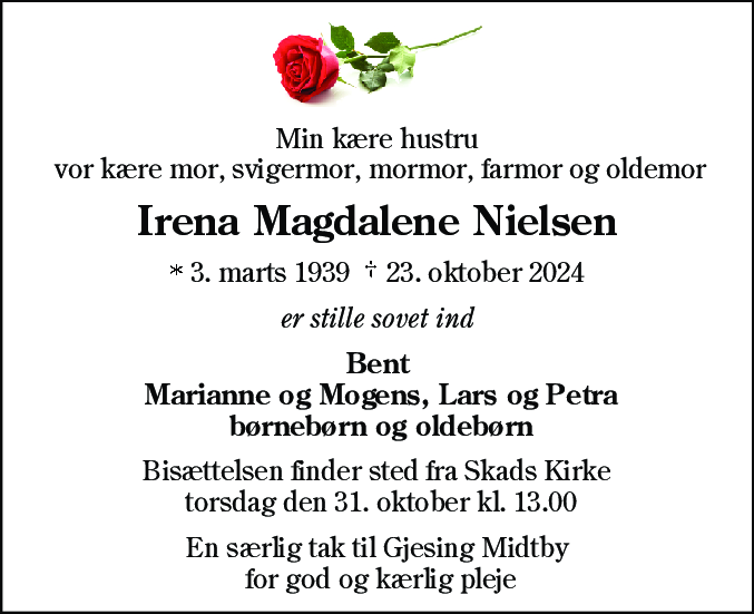 Dødsannonce for Irena Magdalene Nielsen