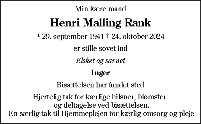 Dødsannonce for Henri Malling Rank