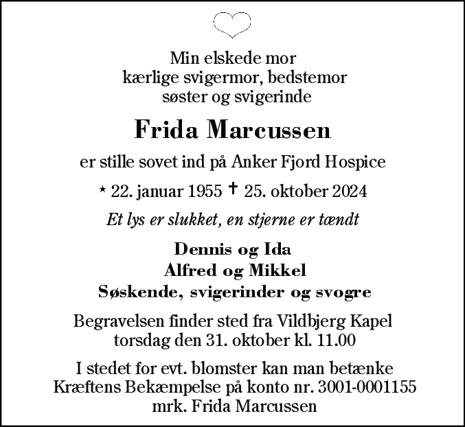 Dødsannonce for Frida Marcussen