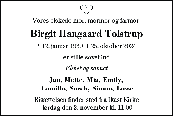 Dødsannonce for Birgit Hangaard Tolstrup