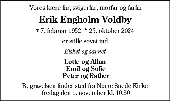 Dødsannonce for Erik Engholm Voldby