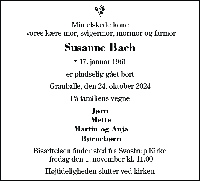 Dødsannonce for Susanne Bach