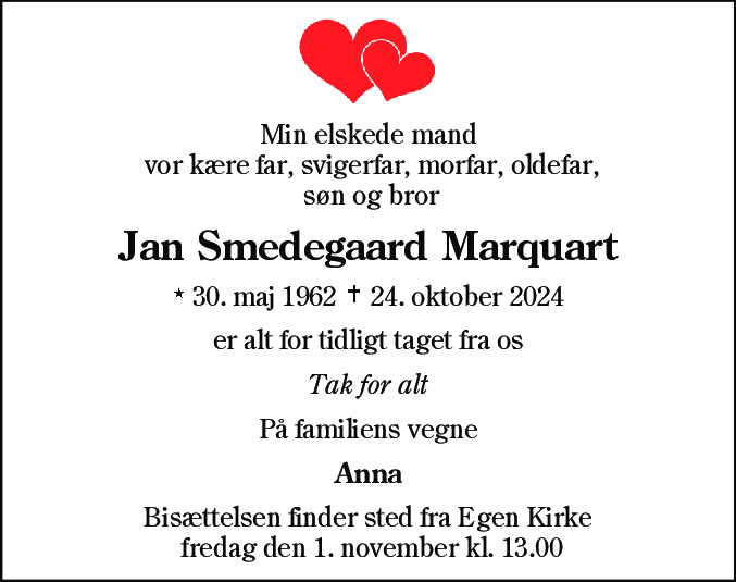 Dødsannonce for Jan Smedegaard Marquart