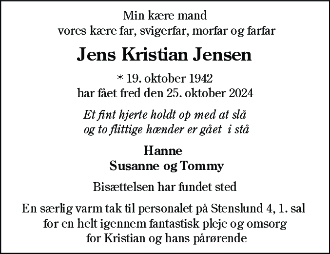 Dødsannonce for Jens Kristian Jensen